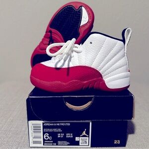 Jordan 12 Retro (TD), Size 6c, White Black Varsity Red